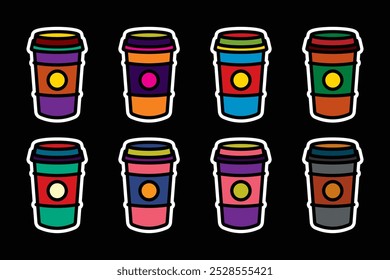 Original vector icon set in vintage style. Hot coffee in a paper cup. Hand drawn, not AI