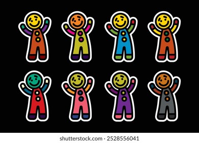 Original vector icon set in vintage style. Cookies in the shape of a person. Hand drawn, not AI