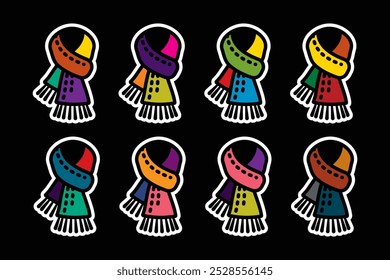 Original vector icon set in vintage style. Warm knitted scarf. Hand drawn, not AI