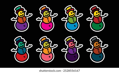 Original vector icon set in vintage style. A kind snowman in a top hat. Hand drawn, not AI