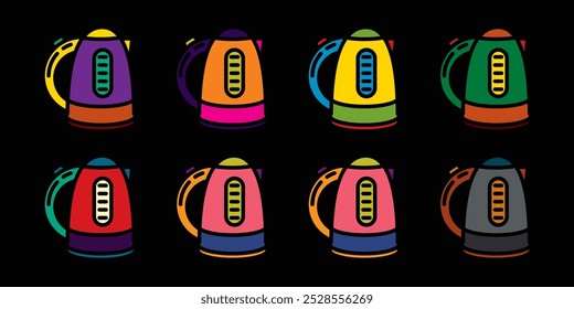 Original vector icon set in vintage style. Household appliances for making tea. Kitchen electric kettle. Hand drawn, not AI