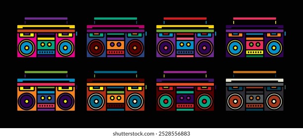 Ícone de vetor original definido no estilo vintage. Gravador de fita estéreo portátil. Boombox. Desenhado à mão, não com IA