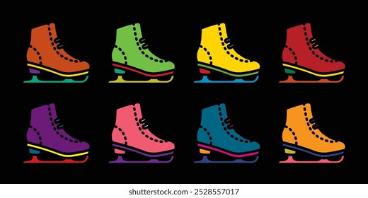 Original vector icon set in vintage style. Figure skating skates. Hand drawn, not AI