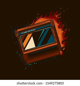 Original vector illustration of an 8-bit console game cartridge in retro style against a bright flame of fire.