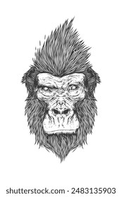 An original vector illustration in an abstract style. A gorilla with a stylish hairstyle. T-shirt design. Hand drawn, not AI