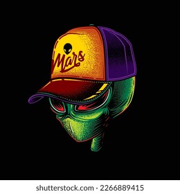 Original vector illustration. An alien in a cap. T-shirt design. Design elements.