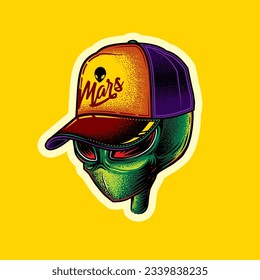 Original vector illustration. An alien in a cap. T-shirt design. Design elements.