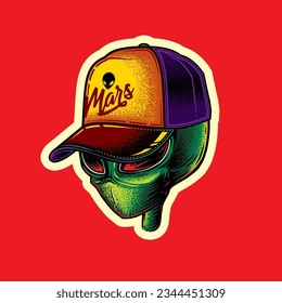 Original vector illustration. An alien in a cap. T-shirt design. Design elements.