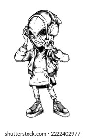 Original vector illustration. An alien in a hood with headphones, in stylish clothes. T-shirt design, or stickers.