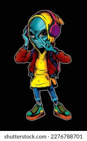 Original vector illustration. An alien in a hood with headphones, in stylish clothes. T-shirt design, or stickers.