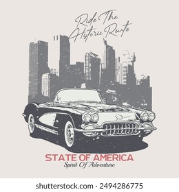 Original vector illustration of an American car in retro neon style. T-shirt car illustration. Poster car, poster, sticker, background and other uses. illustration print, vintage car, T shirt.