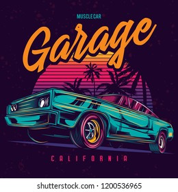 Original vector illustration of an American muscle car in retro neon style.