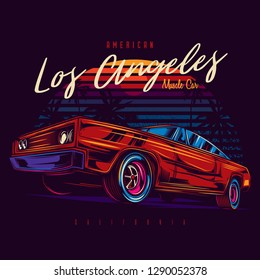 Original vector illustration of American muscle car in retro neon style against sunset and palm trees