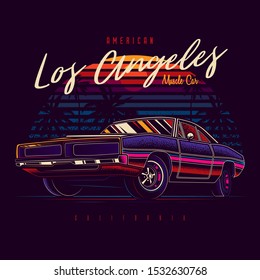 Original vector illustration of American muscle car in retro neon style against sunset and palm trees