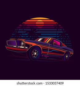 Original vector illustration of American muscle car in retro neon style against sunset and palm trees