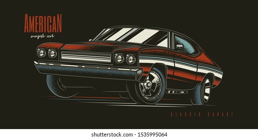 Original vector illustration. American muscle car in vintage style. T-shirt design.