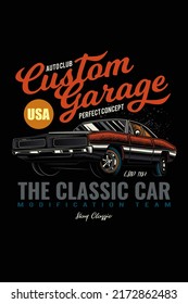 Original vector illustration. American muscle car in vintage style. T-shirt design.