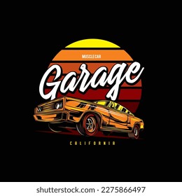 Original vector illustration of an American muscle car in retro neon style. T-shirt design, design element.