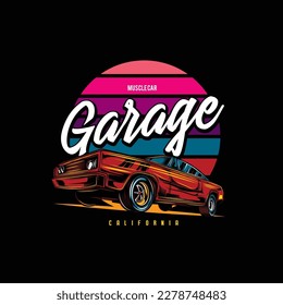 Original vector illustration of an American muscle car in retro neon style. T-shirt design, design element.