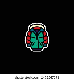 Ilustración vectorial original. La insignia de una chaqueta de invierno caliente inflada con capucha. Dibujado a mano, no AI