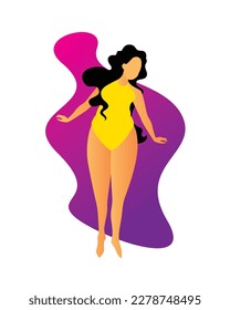 Original vector illustration. Body positive girl in a yellow swimsuit. A design element.