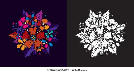 Original vector illustration of a bright bouquet of flowers. In color and black and white.