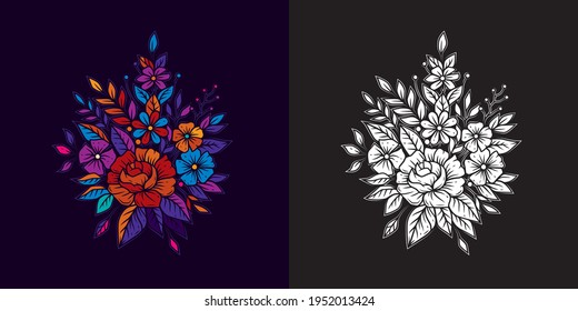 Original vector illustration of a bright bouquet of flowers. In color and black and white.