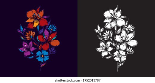 Original vector illustration of a bright bouquet of flowers. In color and black and white.