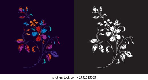 Original vector illustration of a bright bouquet of flowers. In color and black and white.