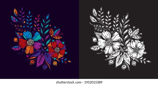 Ilustración vectorial original de un ramo de flores brillante. En color y en blanco y negro.