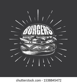 Original vector illustration. Burger with cutlet, tomatoes and herbs. Drawn with chalk.