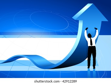 Original Vector Illustration: Business Man holding up arrow blue background AI8 compatible
