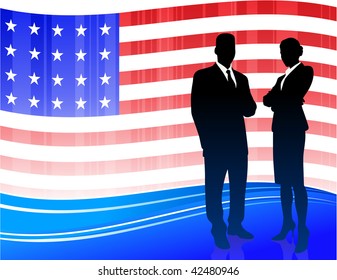 Original Vector Illustration: Business team on Patriotic American Flag background File is AI8 compatible