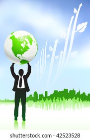 Original Vector Illustration: Businessman holding globe nature internet background with new york skyline AI8 compatible