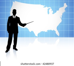 Original Vector Illustration: businessman presenting United States of America map  File is AI8 compatible