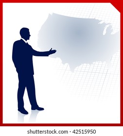 Original Vector Illustration: businessman presenting United States of America map  File is AI8 compatible