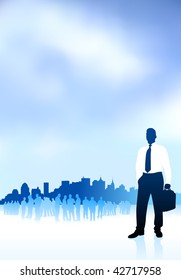 Original Vector Illustration: businessman traveler internet background with city skyline and group AI8 compatible