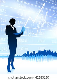 Original Vector Illustration: businesswoman holding computer laptop internet background with city and stocks AI8 compatible