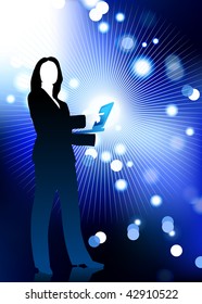 Original Vector Illustration: businesswoman holding computer laptop with fiber optic internet background AI8 compatible
