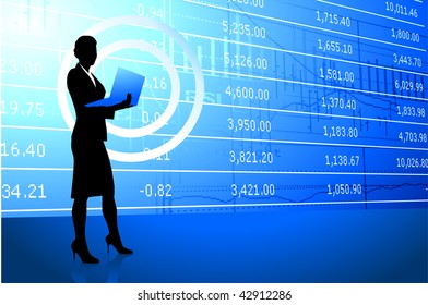 Original Vector Illustration: businesswoman holding laptop on stock market background  AI8 compatible