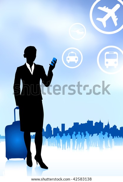 Original Vector Illustration:\
businesswoman traveler with luggage on skyline background AI8\
compatible