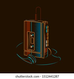 Original vector illustration.Old cassette player with retro style headphones