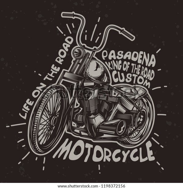 Original vector illustration of a\
classic American motorcycle. Vintage style. Black\
background