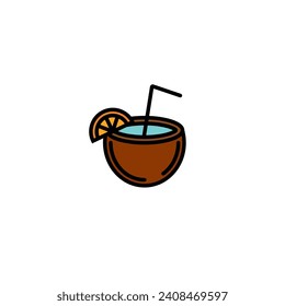 Original vector illustration. Coconut juice icon with a straw. Hand drawn, not AI