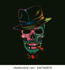 Original vector illustration in comic style, skull gangster in hat and cigar in teeth