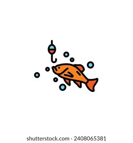 Original vector illustration. Contour icon of a float with a hook and a fish. Hand drawn, not AI