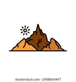 Original vector illustration. Contour icon of the sun and mountains. Hand drawn, not AI