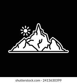 Originale Vektorgrafik. Contour-Ikone der Sonne und der Berge. Handgezeichnet, nicht AI