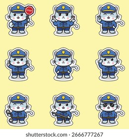 Ilustración vectorial original. Ilustración vectorial lindo Gato agente de policía. Ilustración vectorial lindo Gato vestido como un oficial de policía. Ilustración vectorial Conjunto de elemento policial. Animales de policía. 