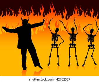 Original Vector Illustration: devil man dancing in hell with fire and skeletons AI8 compatible